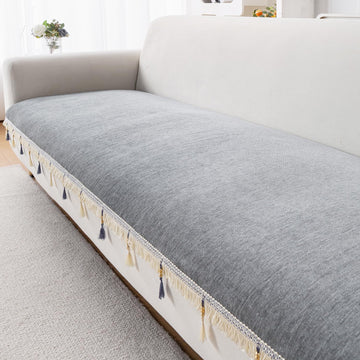 Serenity Tassel Chenille Sofa Cover with Tassel – Glacier Silver