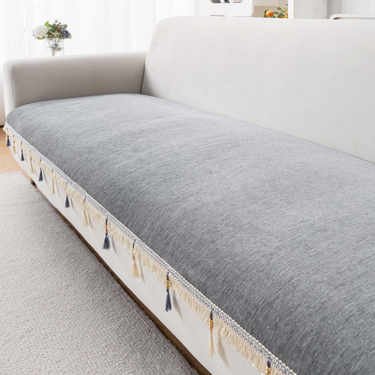 Serenity Tassel Chenille Sofa Cover with Tassel – Glacier Silver