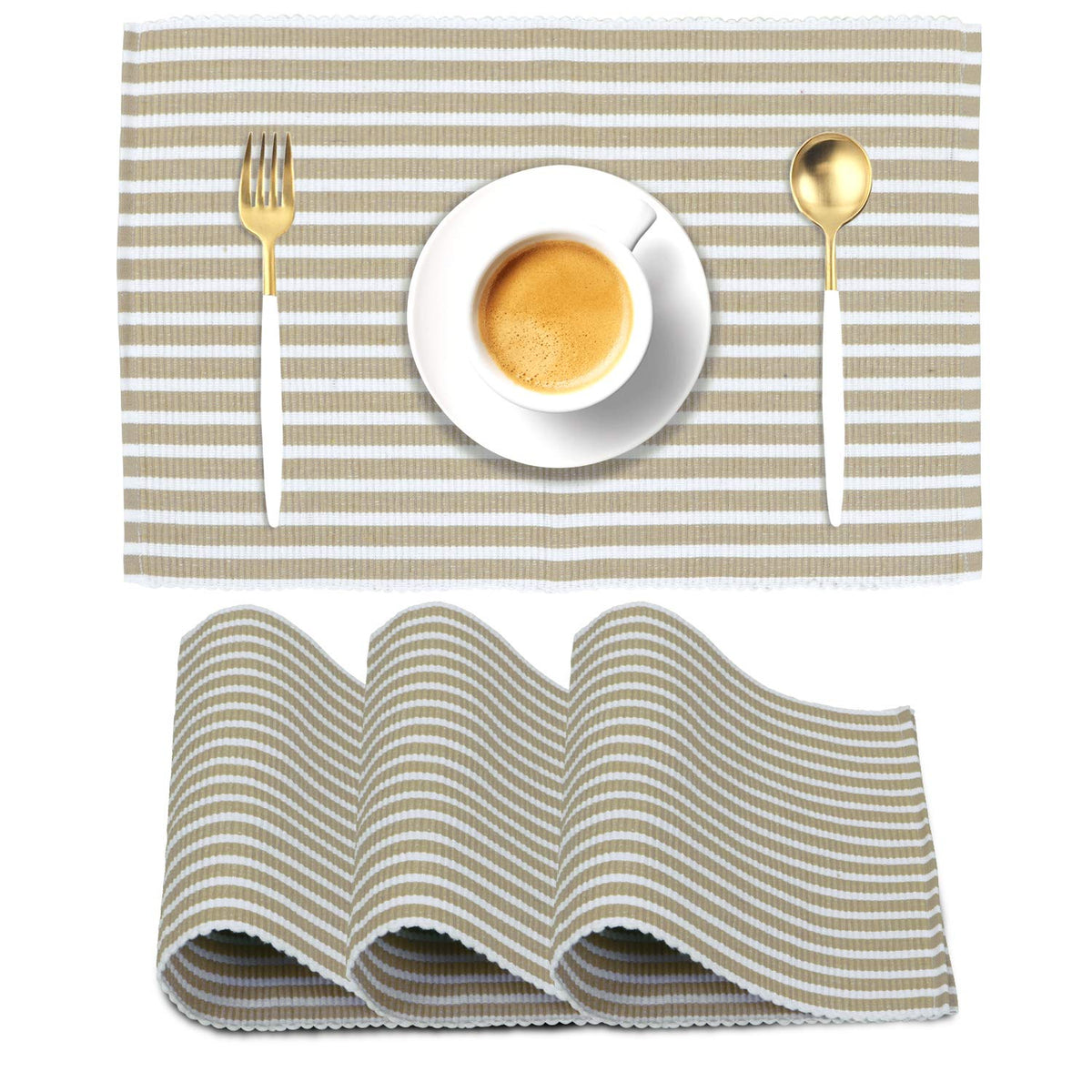 Ribbed Cotton Heat Resistant Dining Table Mat, Brown Striped