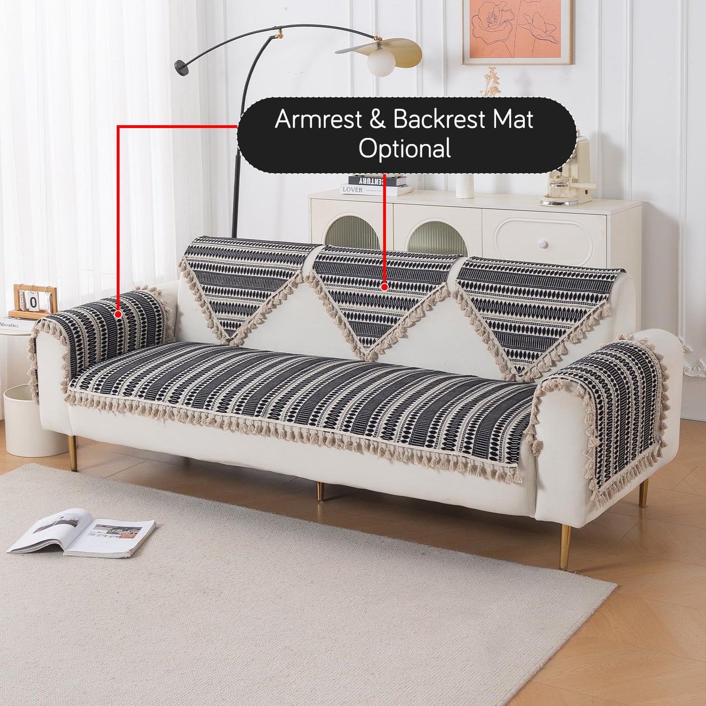 Artisan Boho 5-Seater Sofa Seat Mat with Tassels (3+1+1), Charcoal Black