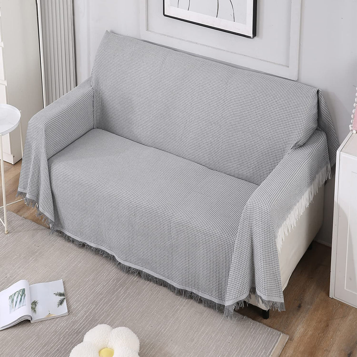 3 seater elegant Grey colour polycotton sofa throw of size 180(D)x300(L)
