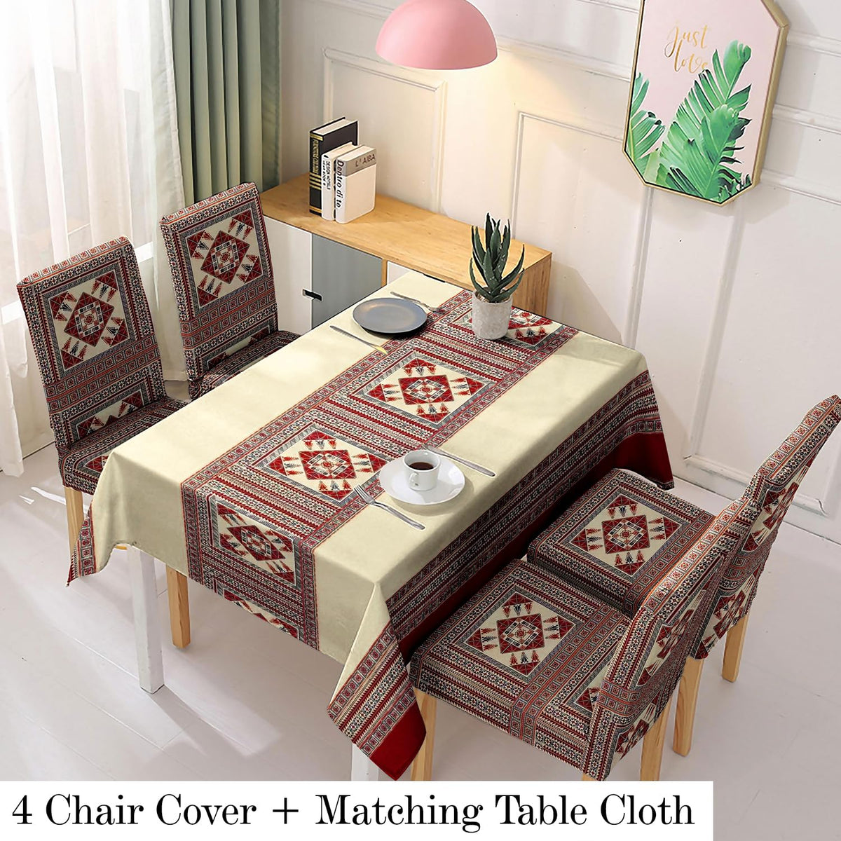 Polyester Dining Chair Covers Set of 4/6 with Matching Tablecloth, Tribal Maroon