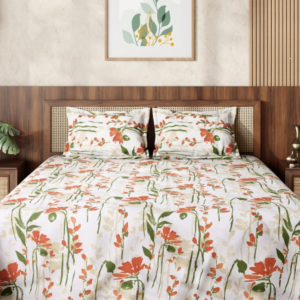 HOKIPO King Size Cotton Bedsheet, 2 Pillow Covers, Floral, Terracotta - image 9