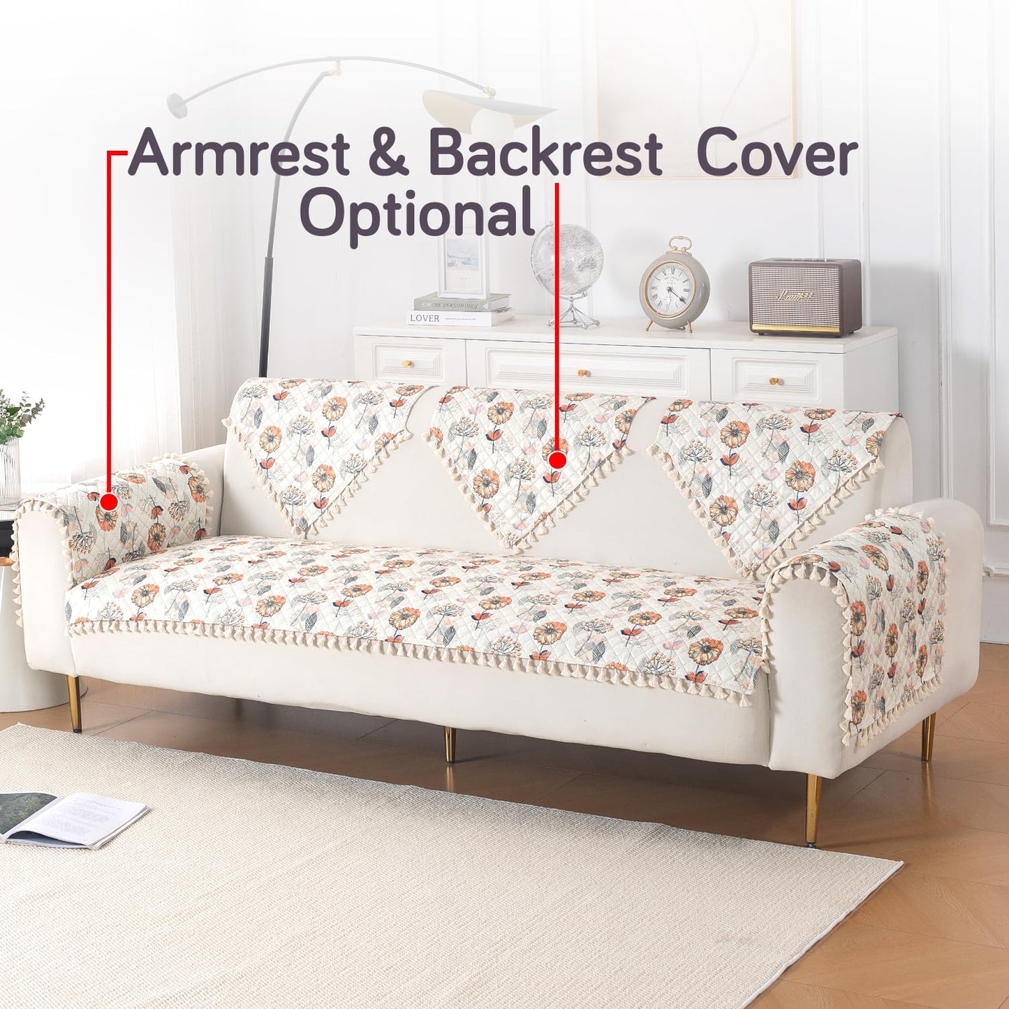 Quilted Sofa Seat Mat for 5-Seater Sofa (3+1+1), Tassel Twigs | Wildflower Breeze