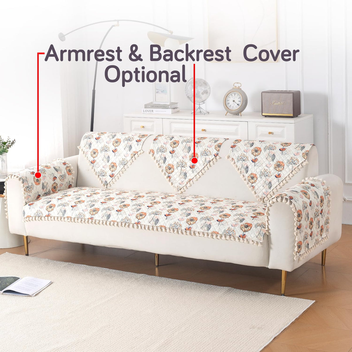 Quilted Sofa Seat Mat for 5-Seater Sofa (3+1+1), Tassel Twigs | Wildflower Breeze
