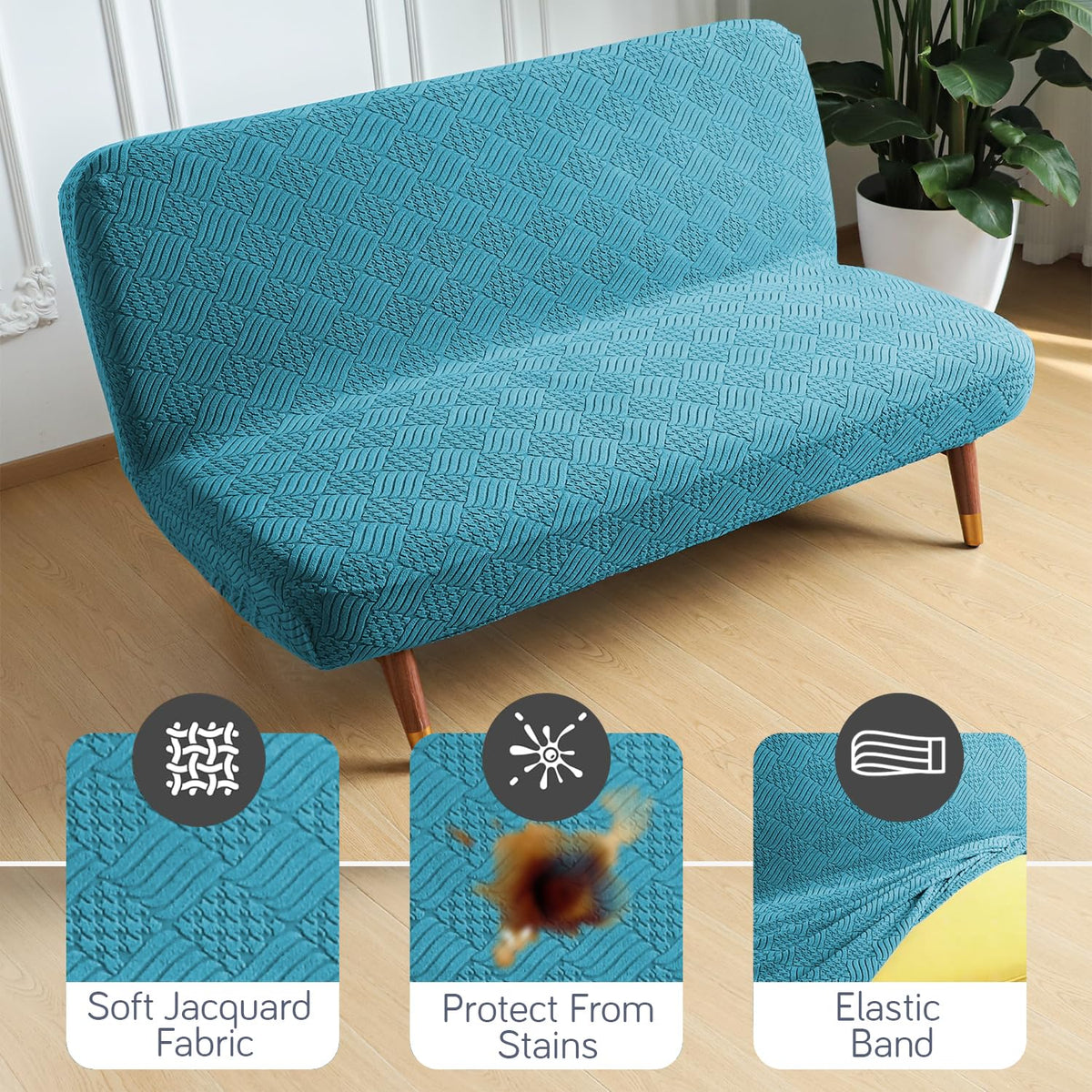Buy Turquoise Colour Soft Jacquard Elastic Armless Sofa Cover | HOKIPO