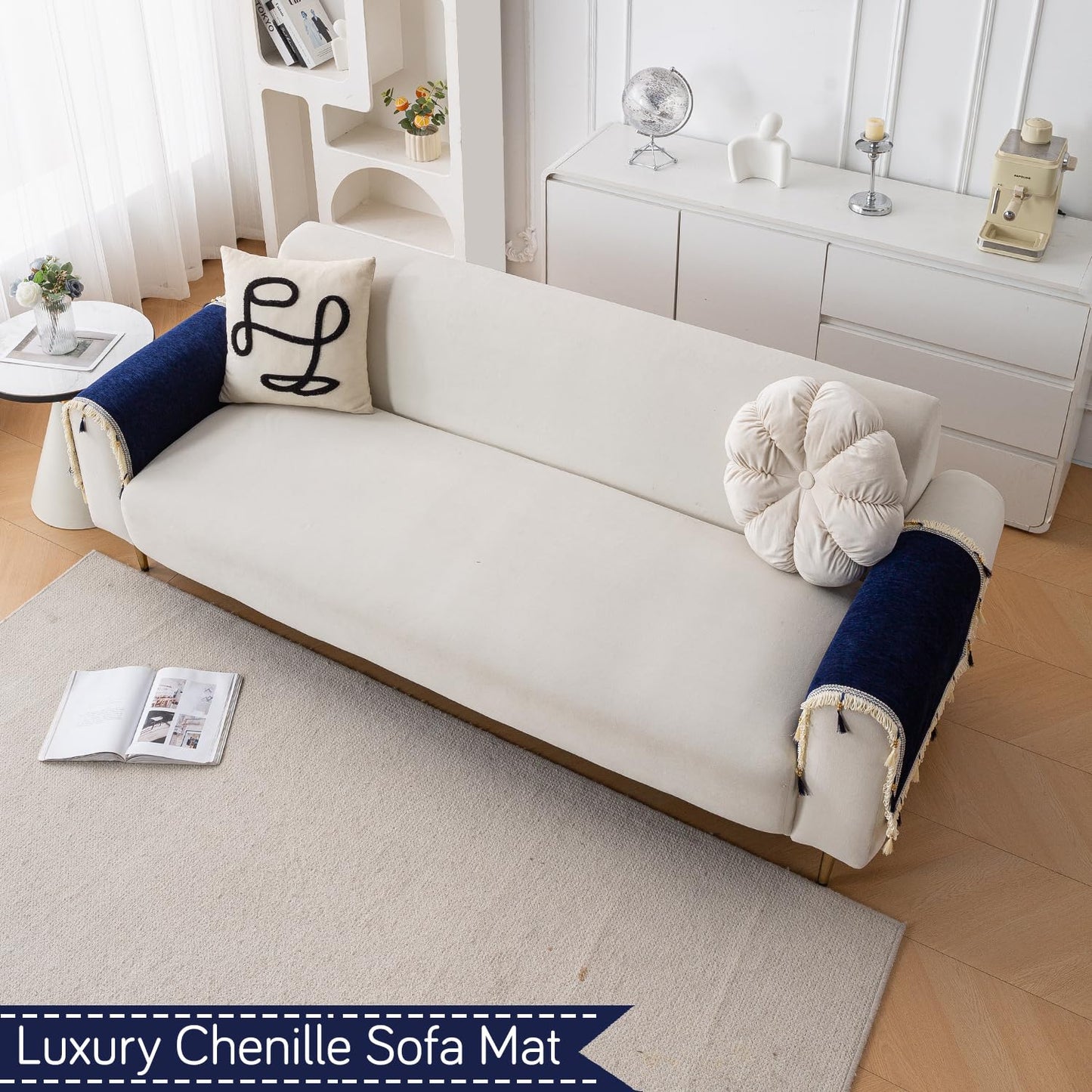 Serenity Tassel Chenille Sofa Cover with Tassel – Sapphire Navy