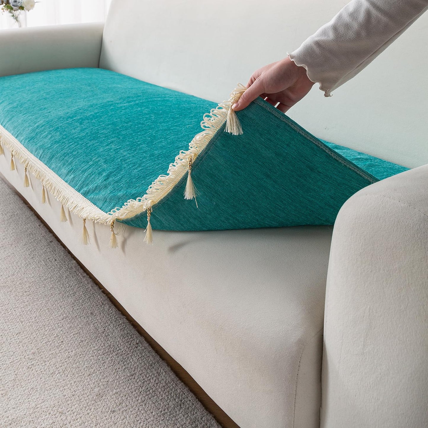 Serenity Tassel Chenille Sofa Cover with Tassel – Ocean Teal