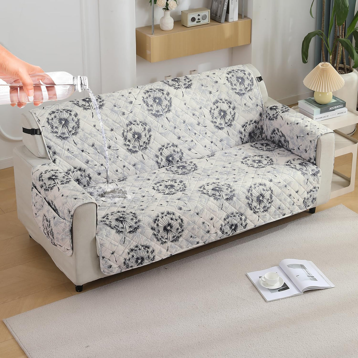 3 seater quilted waterproof sofa cover - Dandelion Anchor Grey  | Hokipo