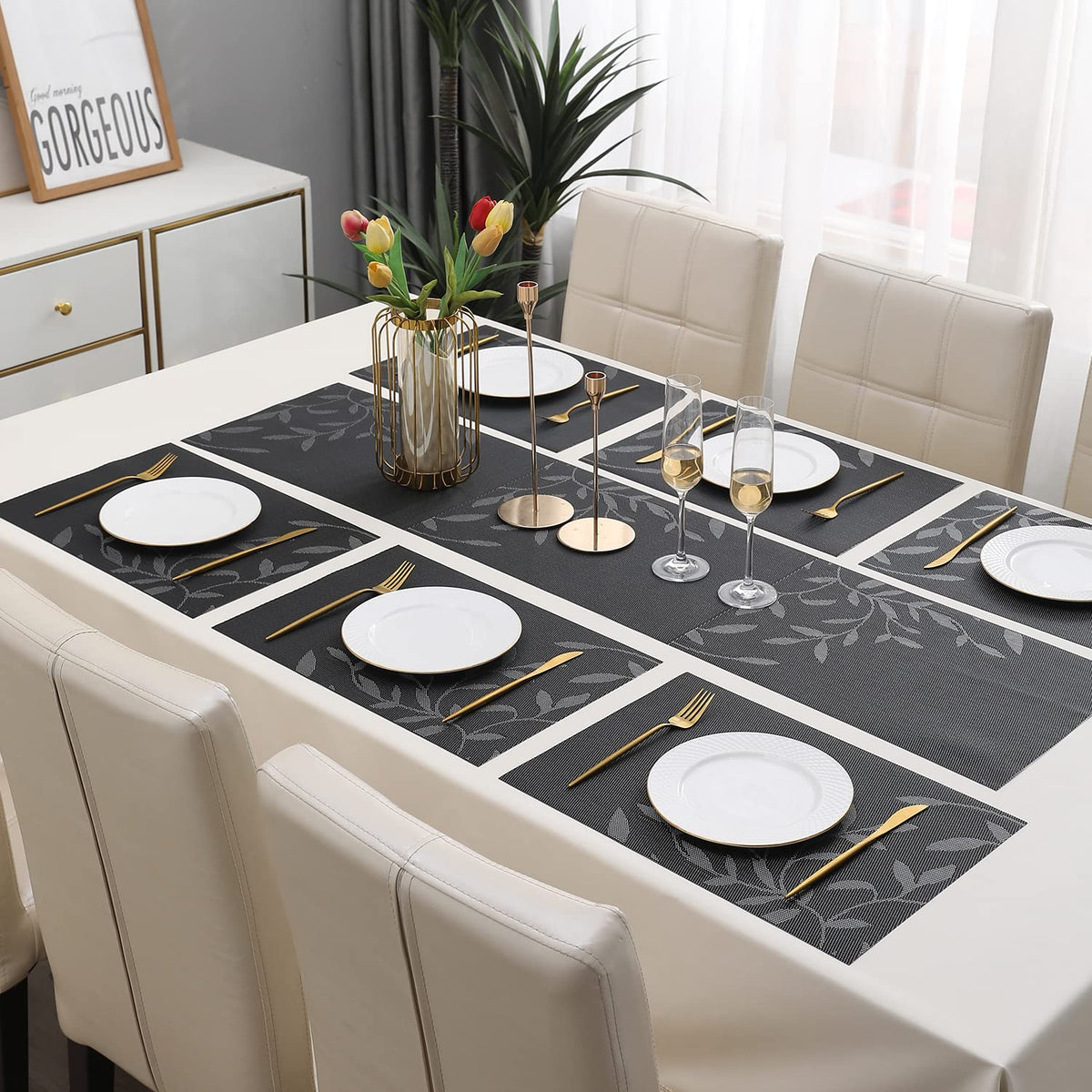 PVC Dining Table Mats, Black Leaves