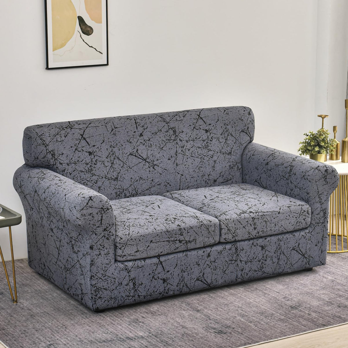 Printed Stretchable Sofa Slipcover with 1/2/3 Pc Separate Seat Cushion Cover for each 1/2/3 Seater, Intense Grey Splatter
