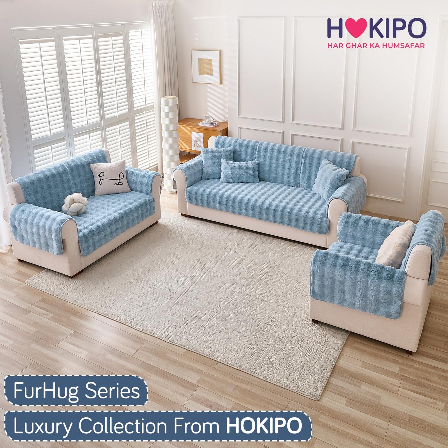 'FurHug' Premium Faux Rabbit Fur Sofa Seat Mats, Charm Blue