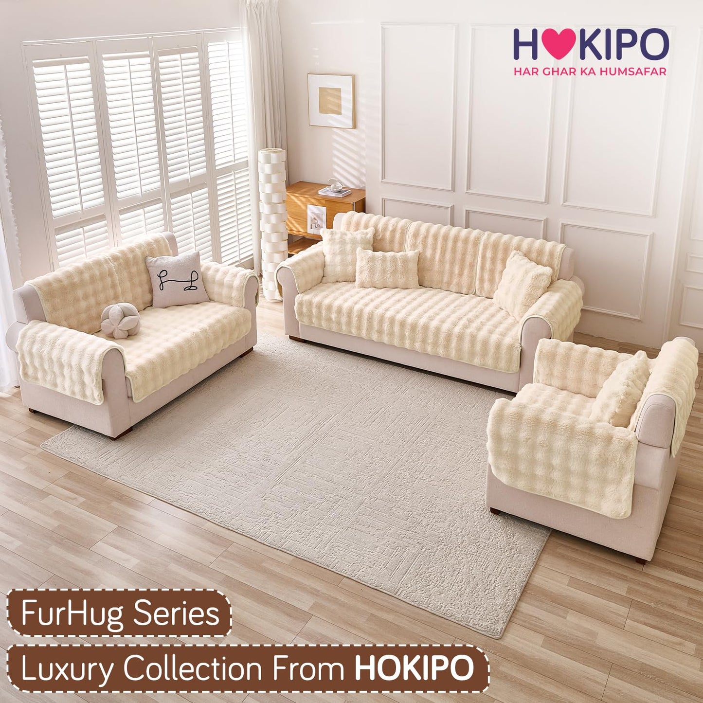 'FurHug' Premium Faux Rabbit Fur Sofa Seat Mats, Beige