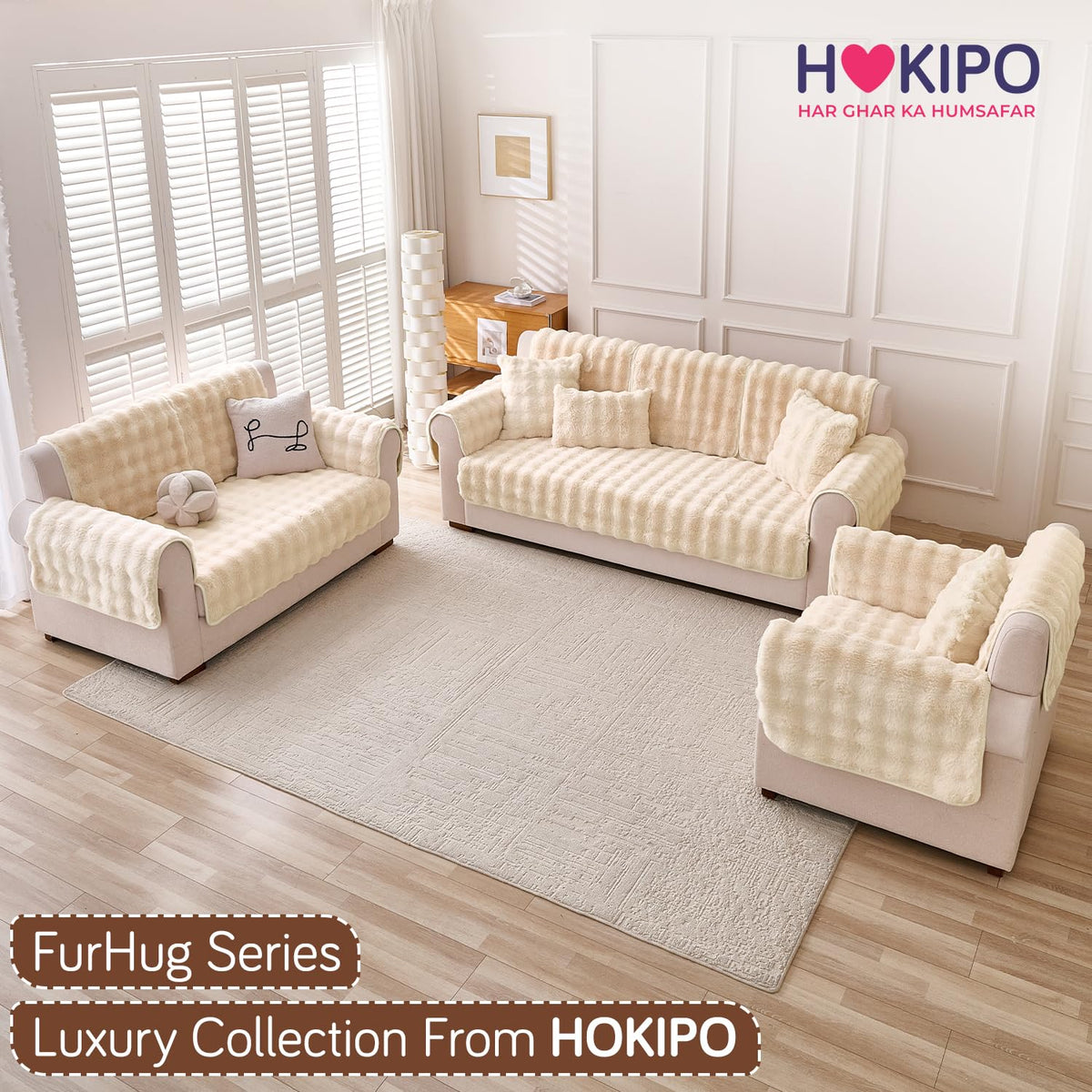 'FurHug' Premium Faux Rabbit Fur Sofa Seat Mats, Beige