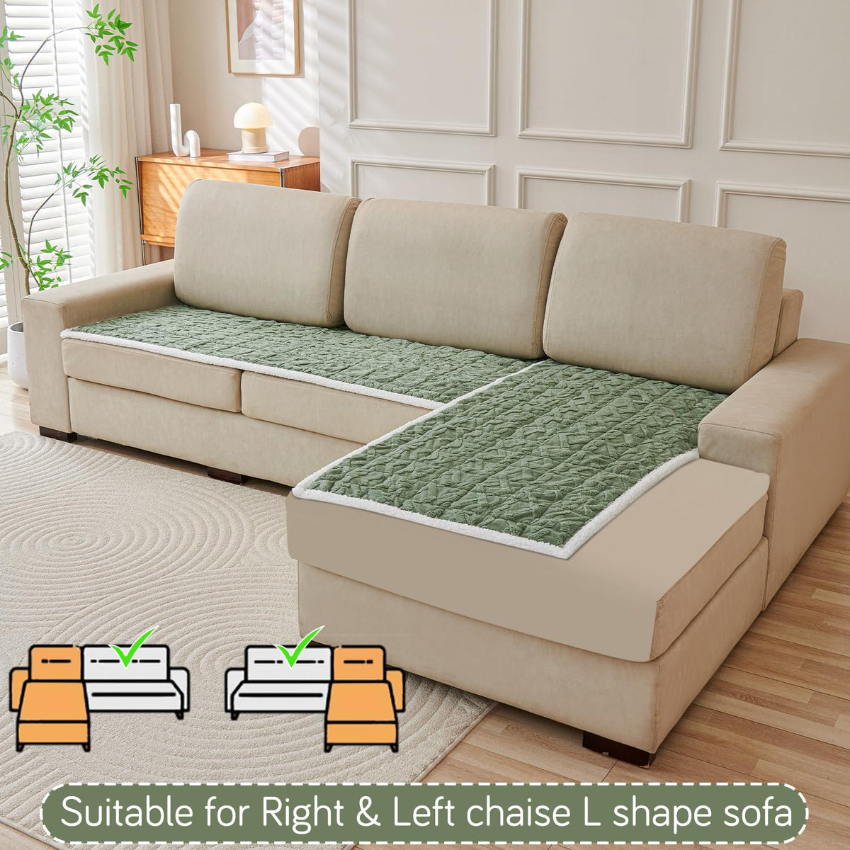 Italian Caelora Luxury Jacquard Plush L Shape Sofa Cover Seat Mat - Sage Green