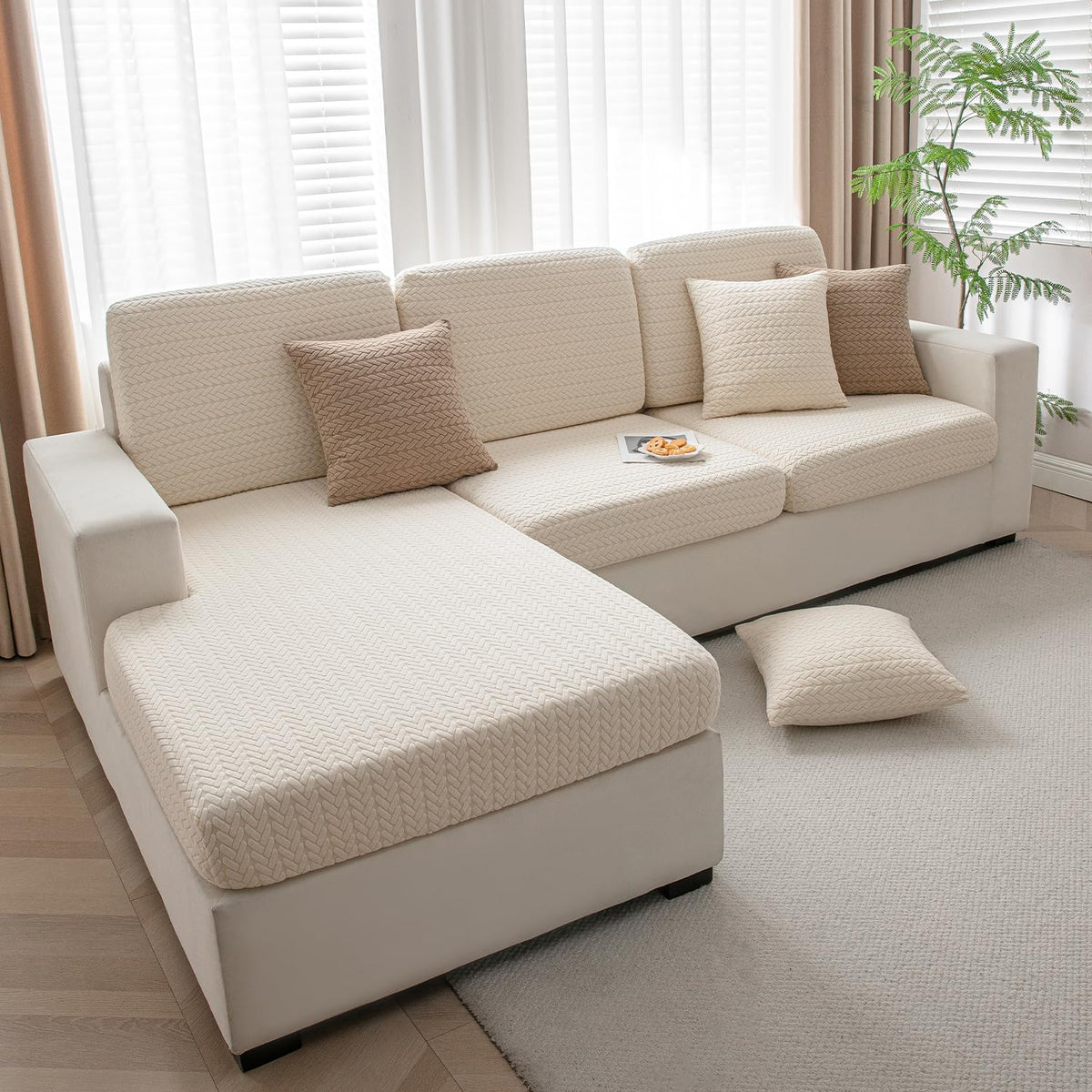 Luxurious Beige Colour Grid Jacquard Sofa Pillow Cover