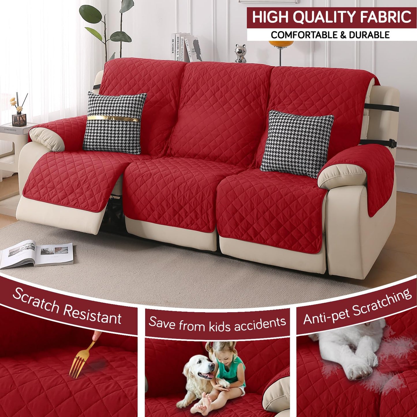 UrbanQuilt Recliner Sofa Slipcover Mat with Dual Belt for 1/2/3 Seater - Scarlet Red