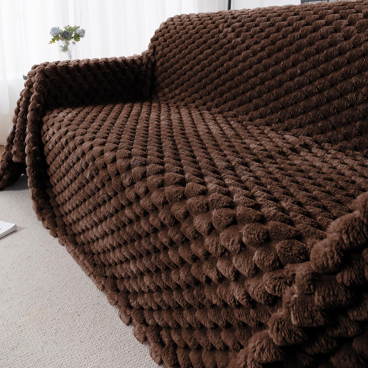 Luxury Rabbit Wool Plush Sofa Fluffy Throw, Dark Chocolate
