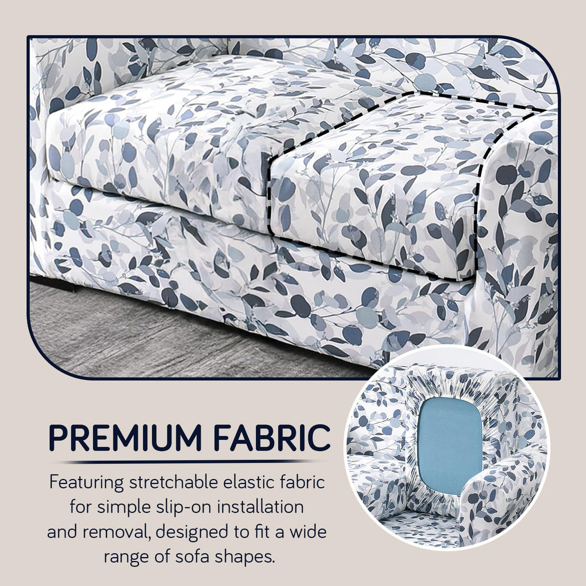 Printed Stretchable Sofa Slipcover with 1/2/3 Pc Separate Seat Cushion Cover for each 1/2/3 Seater,Frost Blue Foilage