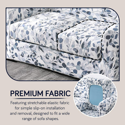 Printed Stretchable Sofa Slipcover with 1/2/3 Pc Separate Seat Cushion Cover for each 1/2/3 Seater,Frost Blue Foilage