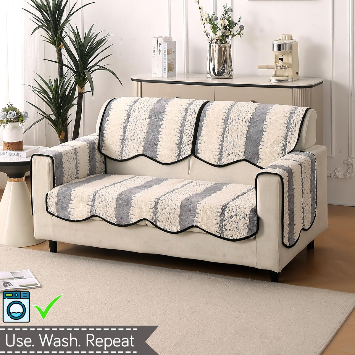 Luxury Sofa Cover Set | Seat, Back & Arm Covers | Anti-Slip Wavy Mat – Pewter Grey