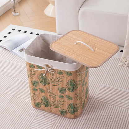 Eco-Friendly Foldable Bamboo Laundry Basket Hamper with Lid, Large - 60 Liter, Tropical Leaves