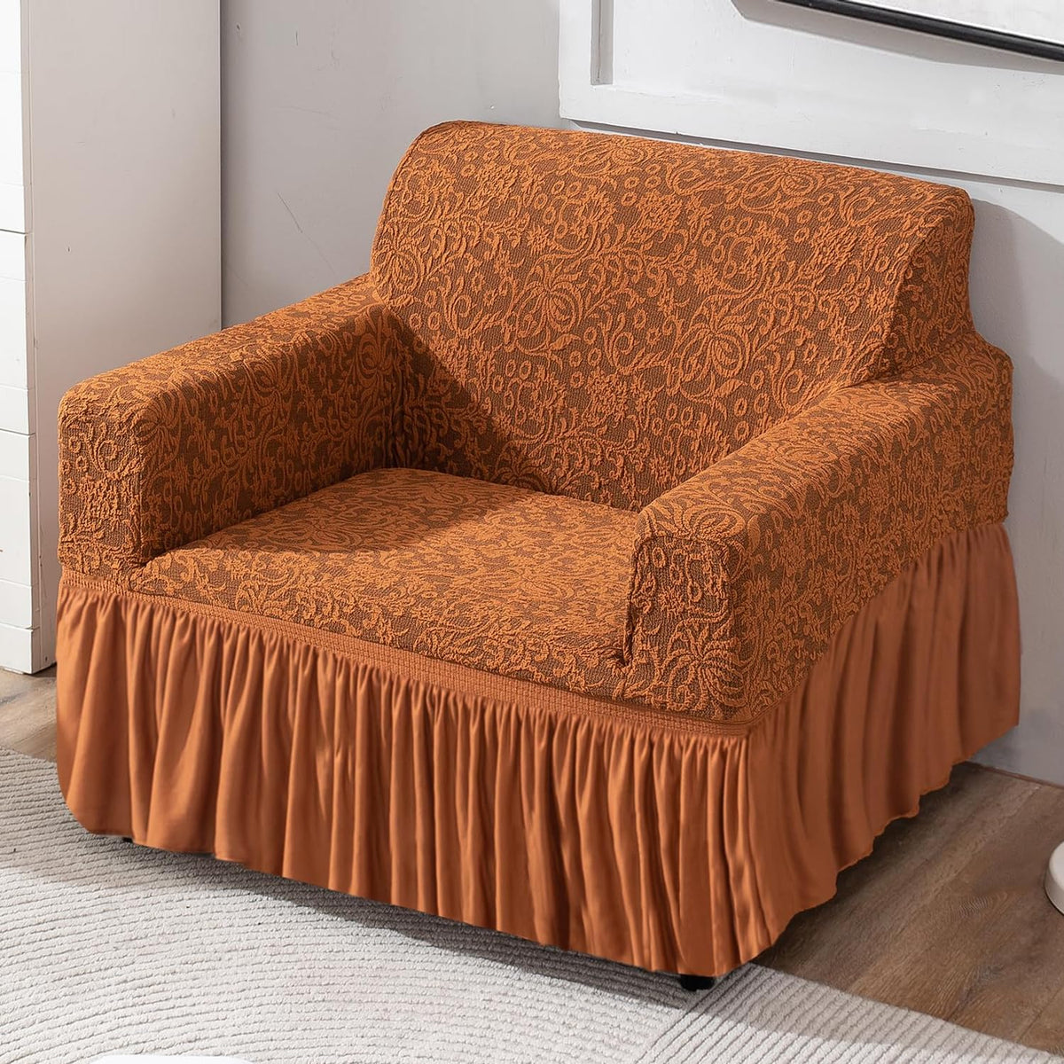 Elastic Stretchable Designer Woven Jacquard Sofa Cover with Frill, Caramel Brown