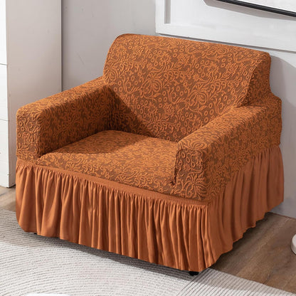 Elastic Stretchable Designer Woven Jacquard Sofa Cover with Frill, Caramel Brown