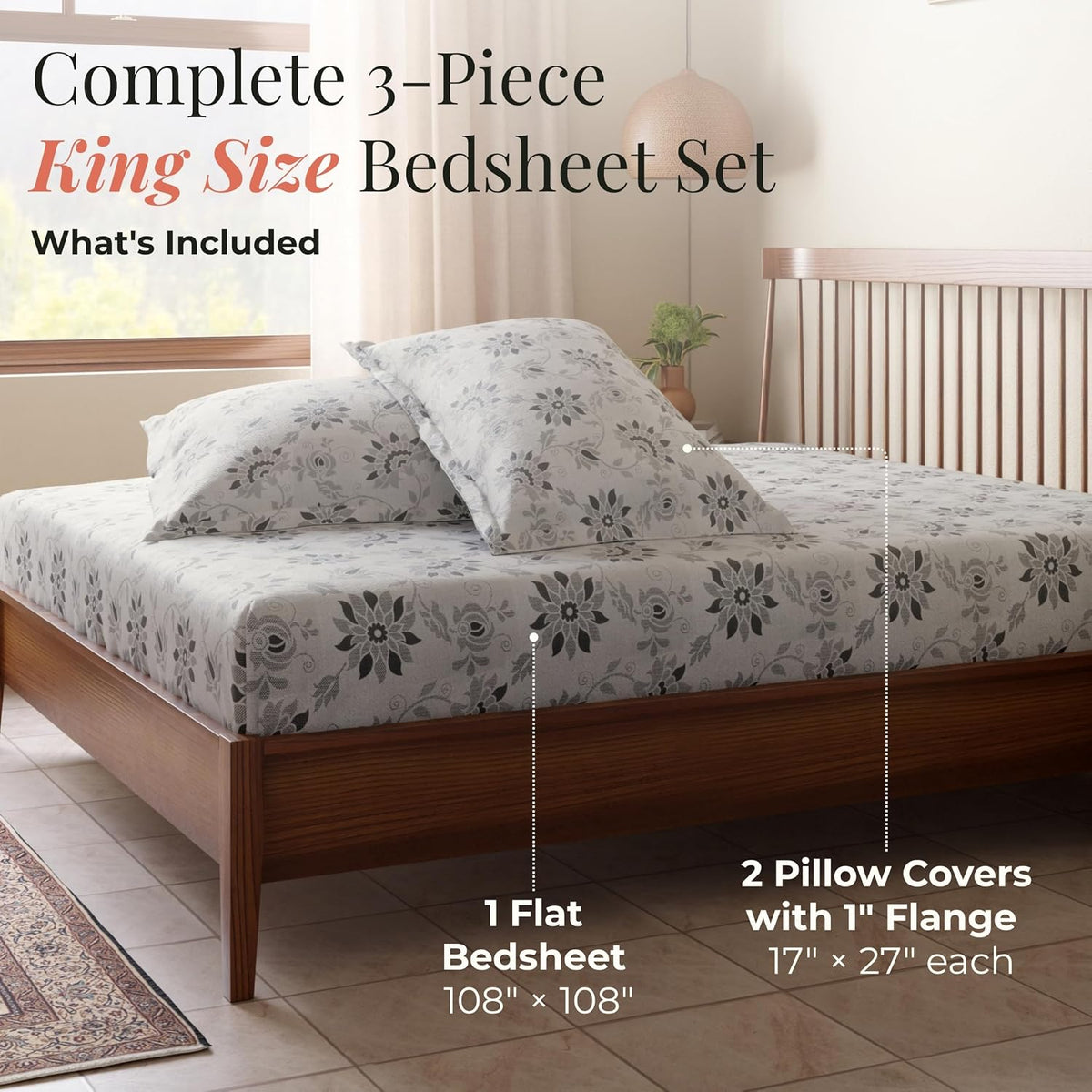 HOKIPO King Size Cotton Bedsheet, 2 Pillow Covers, Slate Grey & Charcoal - image 6