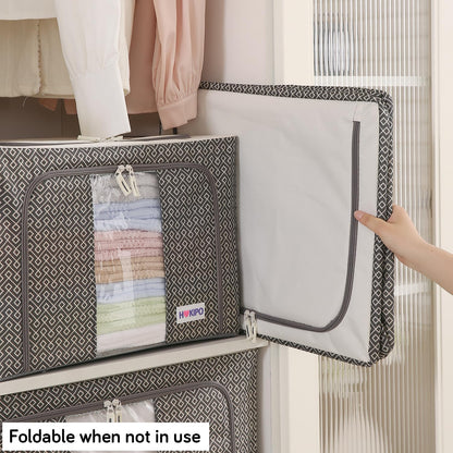 Wardrobe Organizer Storage Box | Foldable Cloth Storage Boxes with Metal Frame & Window | 600D Oxford Fabric, Charcoal Grey