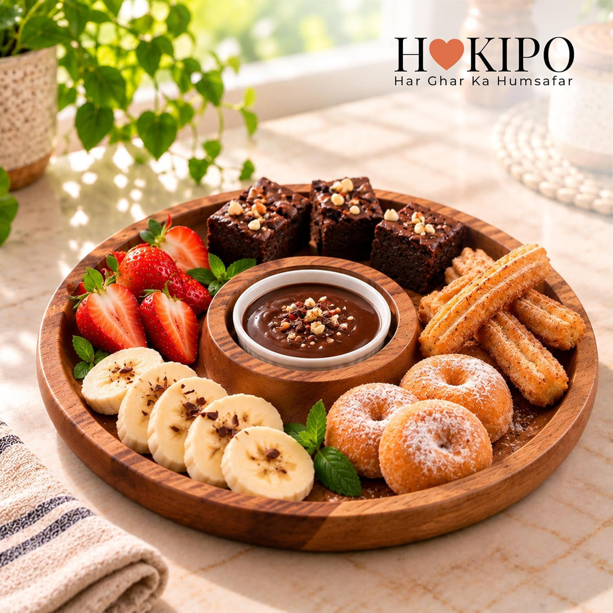 HOKIPO Arbor Acacia Wood Chip and Dip Platter, Round Dimsum Plate, 25 cm - image 8