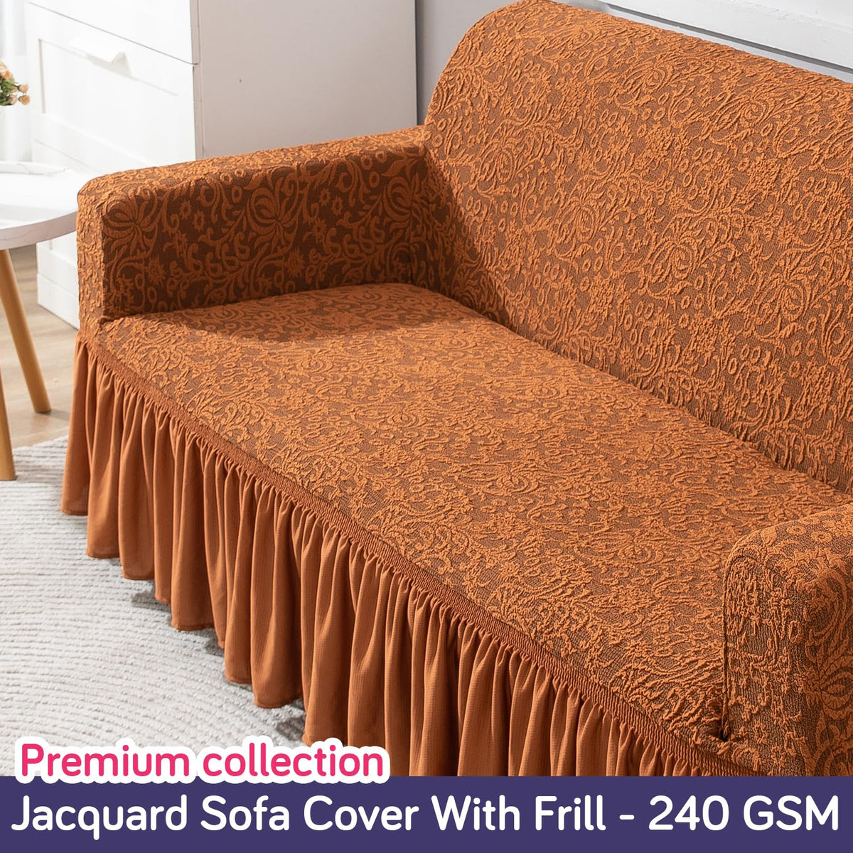 Elastic Stretchable Designer Woven Jacquard Sofa Cover with Frill, Caramel Brown