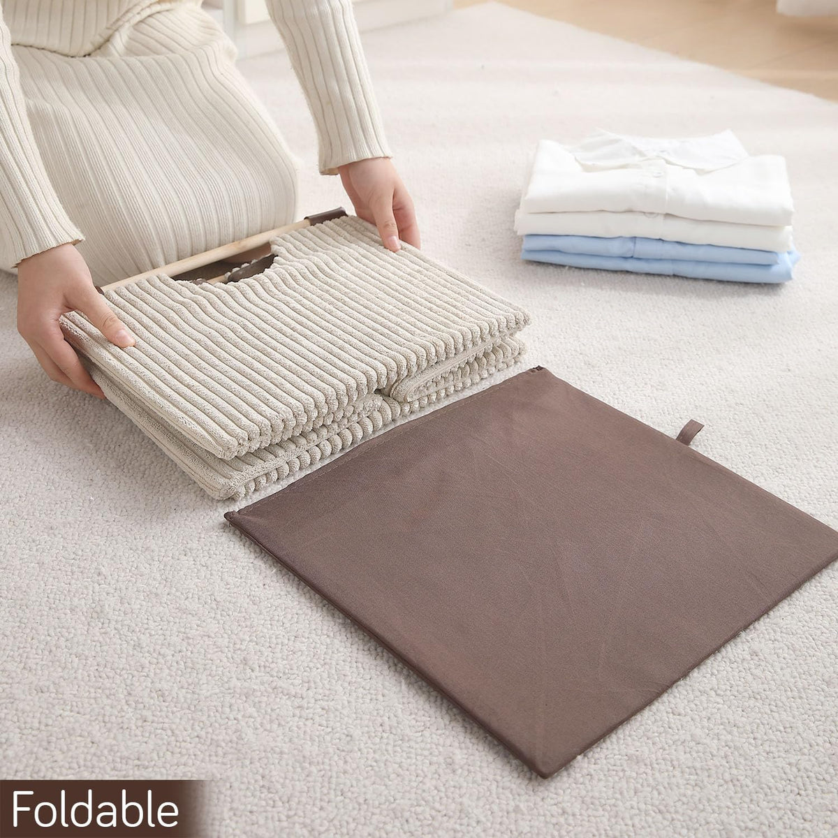 Premium Foldable Storage Bin with Wooden Handles | Corduroy Fabric Organizer Box for Wardrobe, Books, Clothes & Misc Items, Cream
