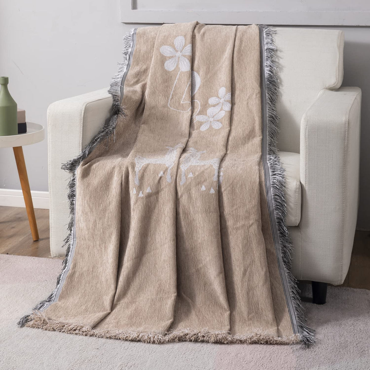 Beige Nature, Soft and Pet Friendly Chenille Sofa Cover Throw