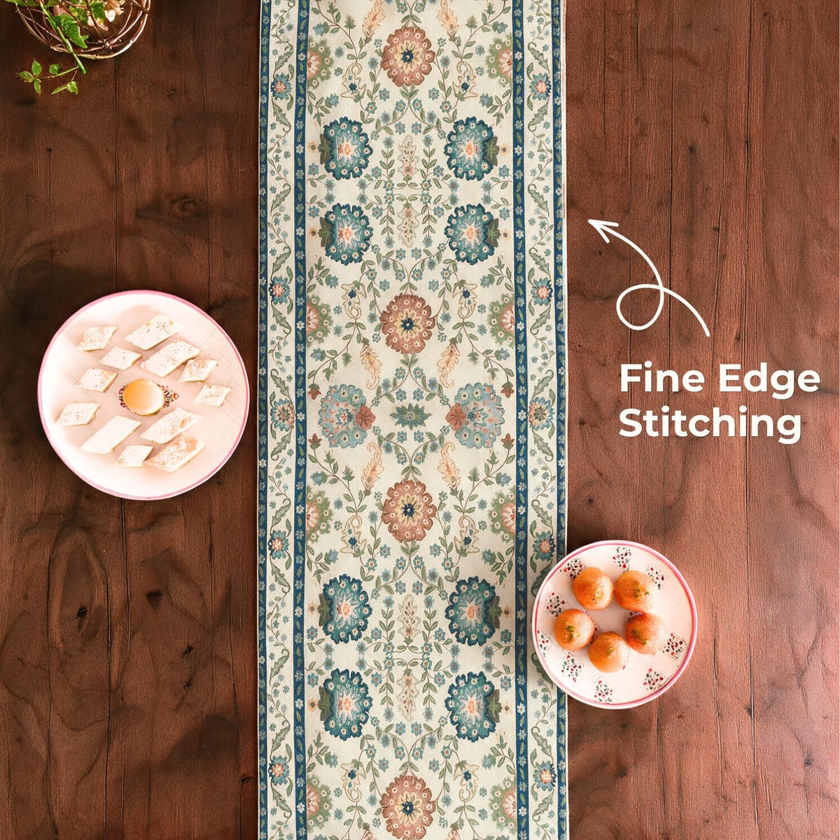 HOKIPO Floral Printed Table Runner with Embroidered Details, Ivory & Blue - image 4