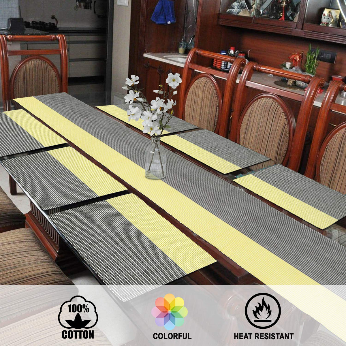 Ribbed Cotton Heat Resistant Dining Table Mat, Yellow & Grey