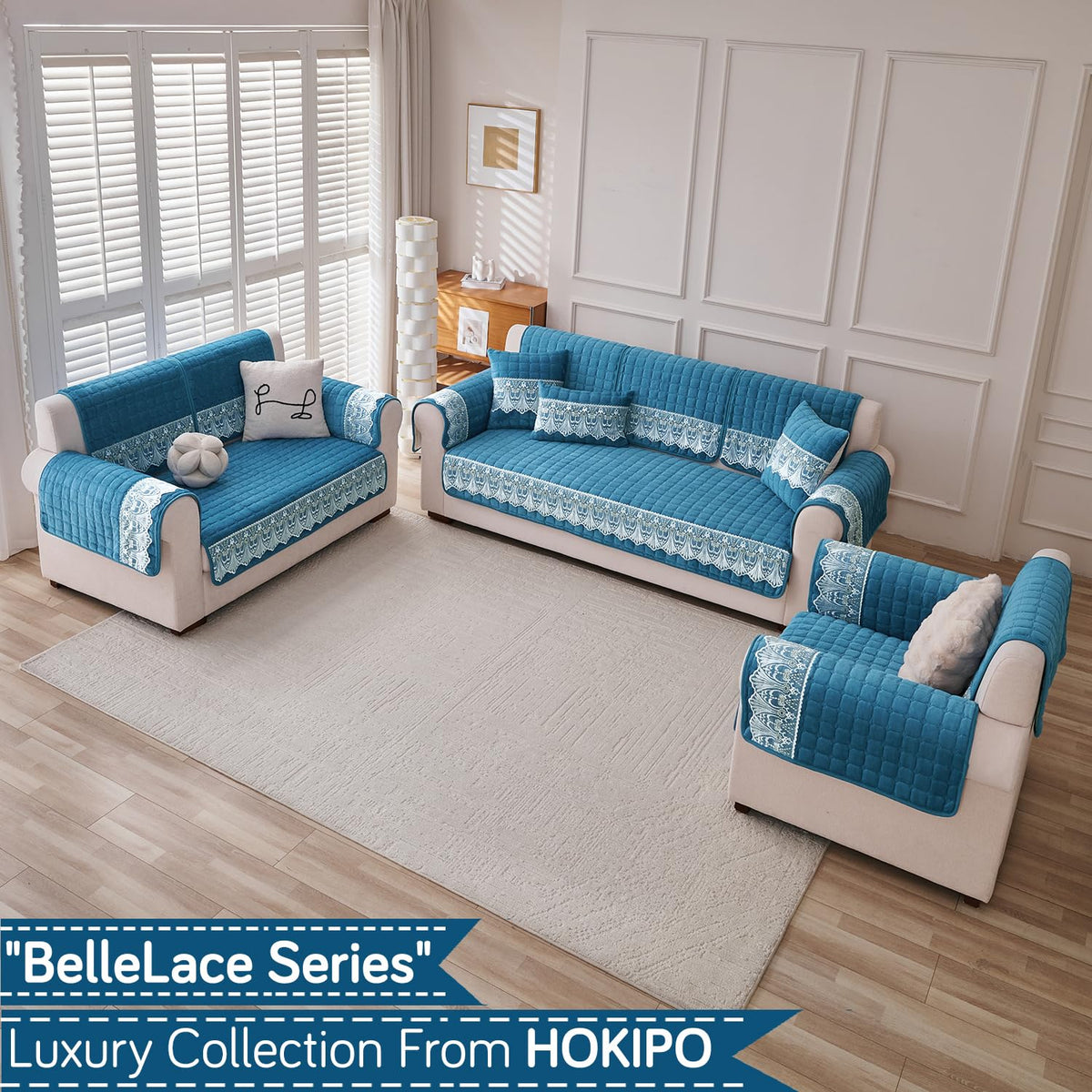 BelleLace Series Imperial Milk Velvet Sofa Cover Mat with Lace Design - Celdaon Blue