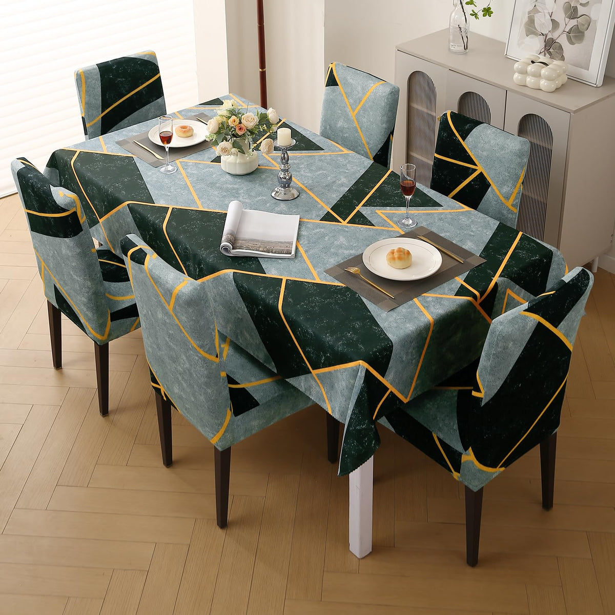Elastic Dining Chair Covers with Matching Tablecloth, Multicolor Abstract Geometry