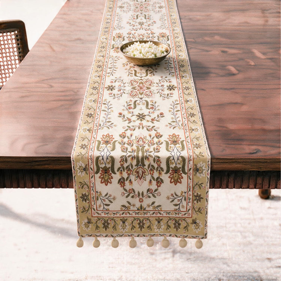 HOKIPO Garden Floral Printed & Embroidered Table Runner, Golden Tan - image 1