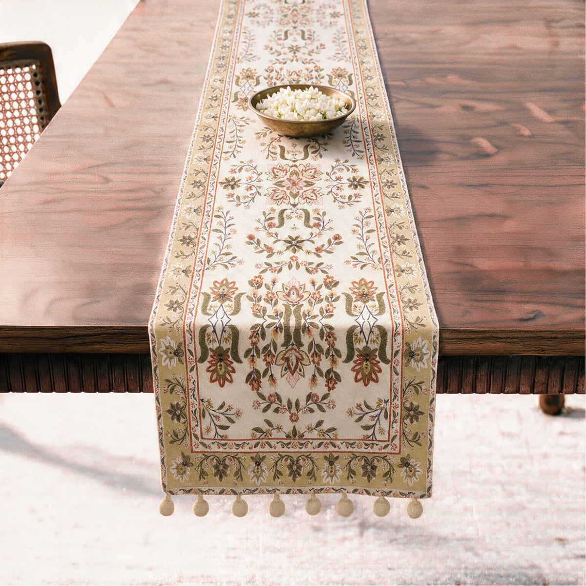 HOKIPO Garden Floral Printed & Embroidered Table Runner, Golden Tan - image 1