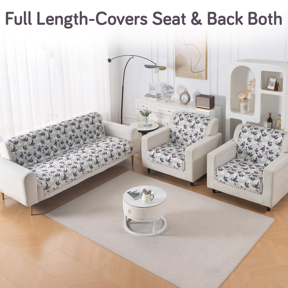 Quilted Sofa Cover 5-Seater Sofa Cover (3+1+1), Tassel Twigs | Lavender Vine