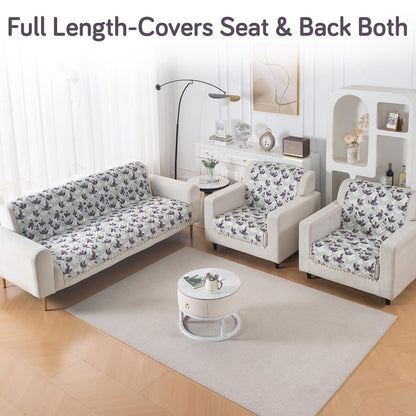 Quilted Sofa Cover 5-Seater Sofa Cover (3+1+1), Tassel Twigs | Lavender Vine