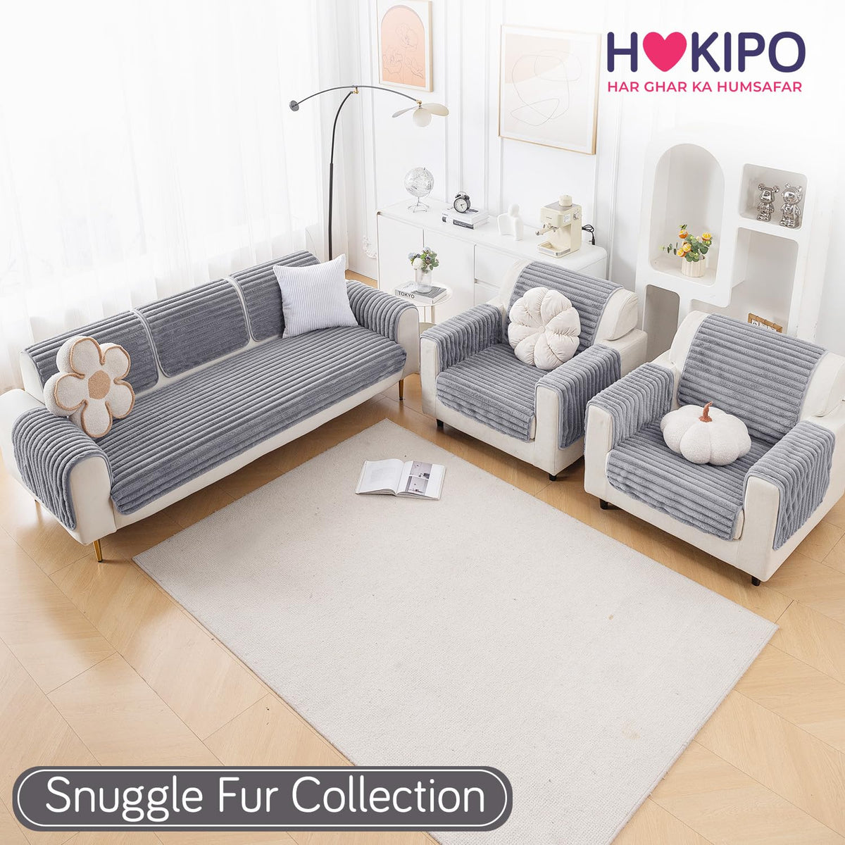 Faux Rabbit Fur Sofa Cover Combination Set, 'Snuggle Fur Series' Grey