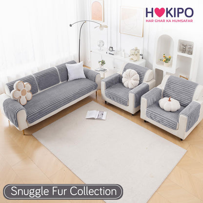 Faux Rabbit Fur Sofa Cover Combination Set, 'Snuggle Fur Series' Grey