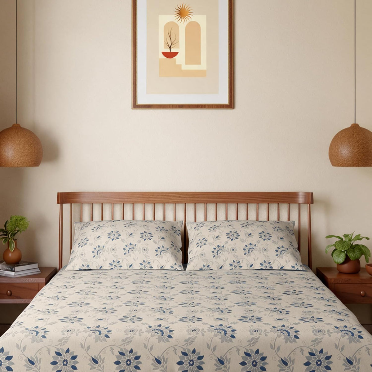 HOKIPO King Size Cotton Bedsheet, 2 Pillow Covers, Ivory & Navy Blue - image 8