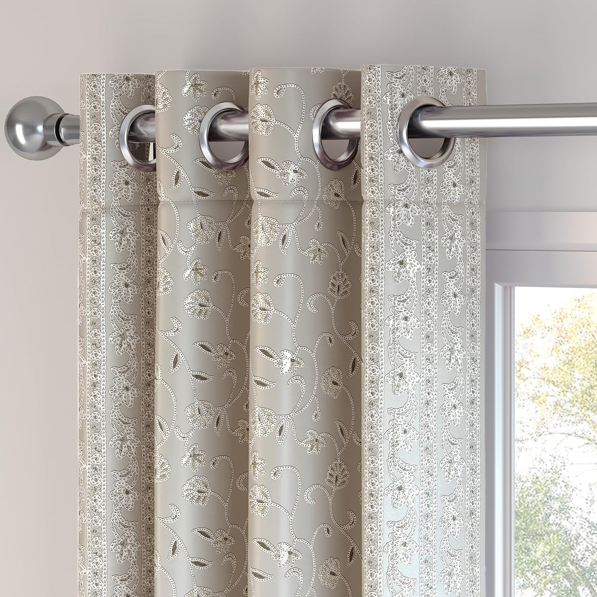 HOKIPO Shahi Bagh Eyelet Curtains, 7 Feet Long - Taupe - image 7