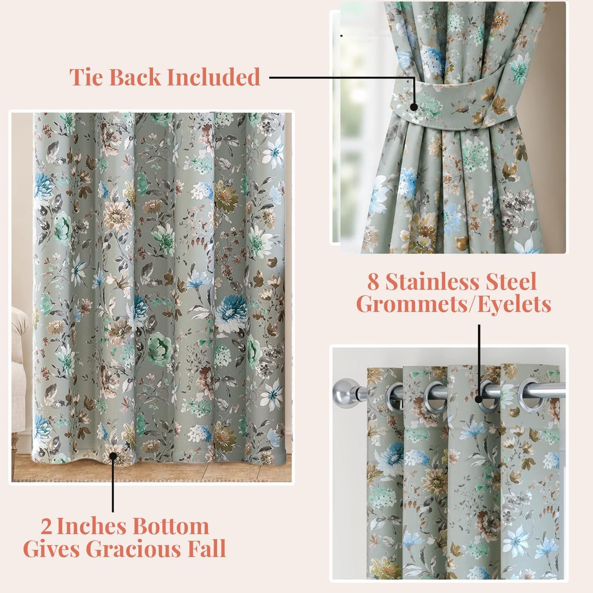 HOKIPO Bloomscape Eyelet Curtains, 7 Feet Long - Sage Grey - image 4