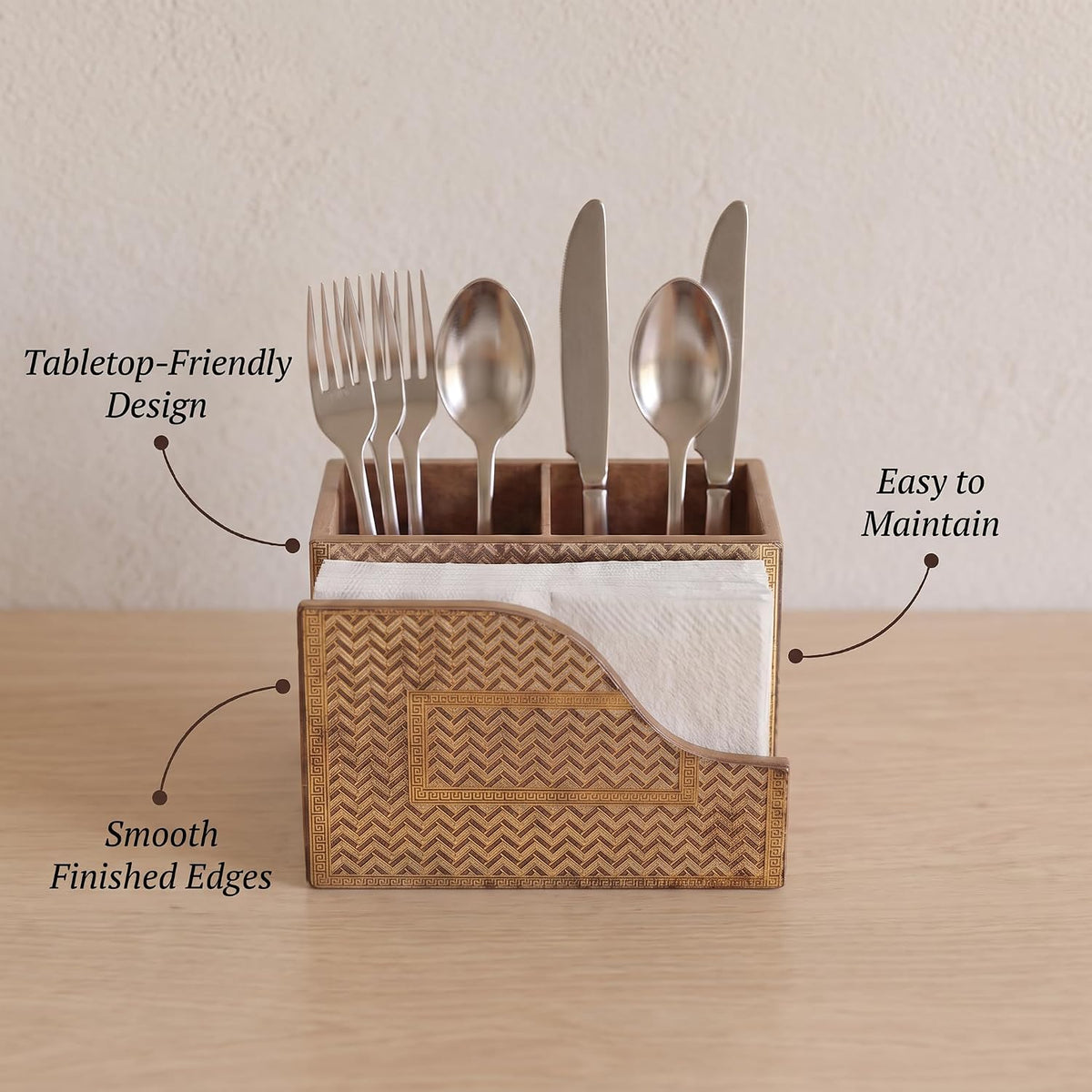 HOKIPO Cutlery Holder with Napkin Stand, Engineered Wood, Noir Chevron - image 3