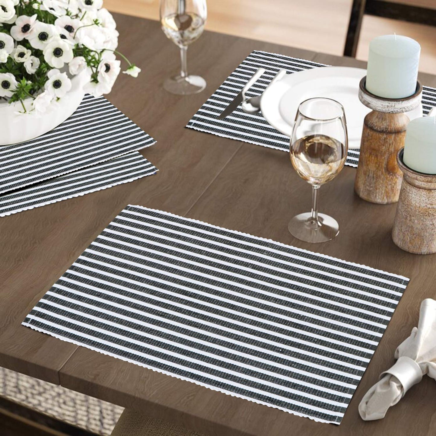 Ribbed Cotton Heat Resistant Dining Table Mat, Grey Striped