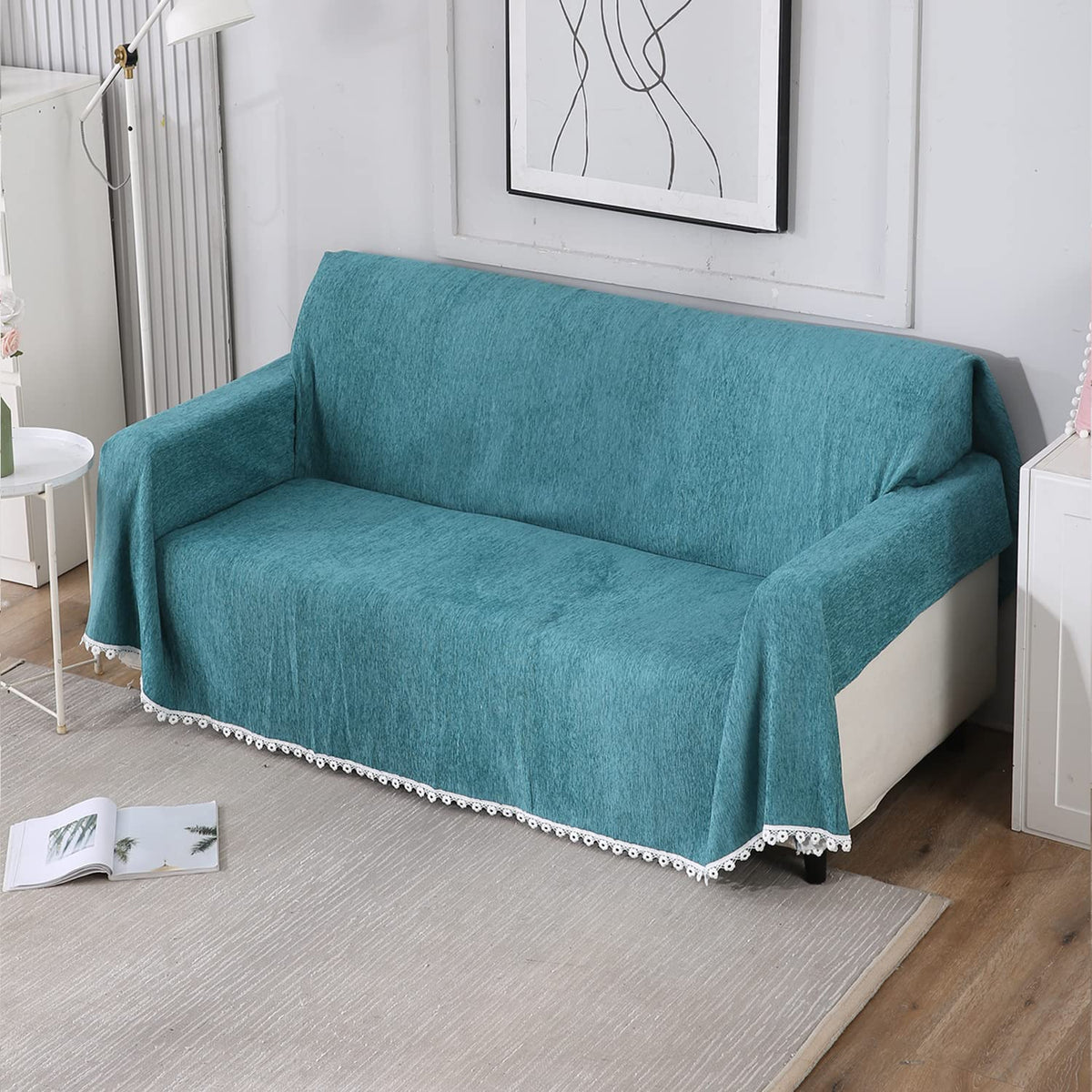 Blue colour chenille sofa throw cover
